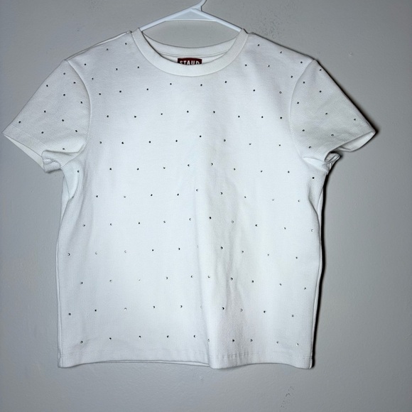 STAUD CREW NECK WHITE T-SHIRT with rhinestones size large - Picture 1 of 7